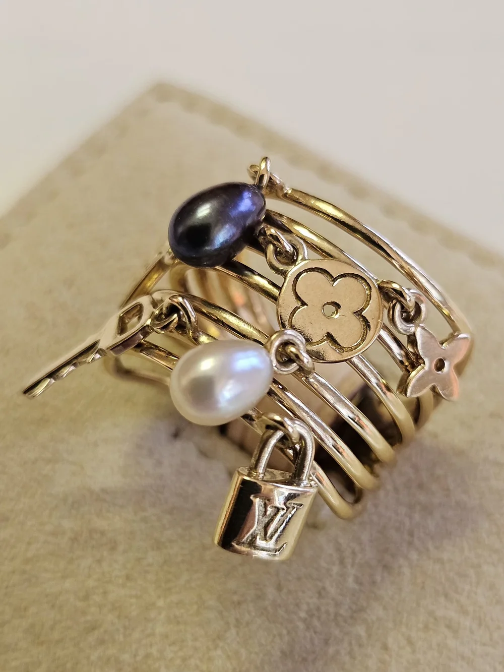 Louis Vuitton 18K Gold Monogram Charms Pearl Cocktail Ring – Size 54
